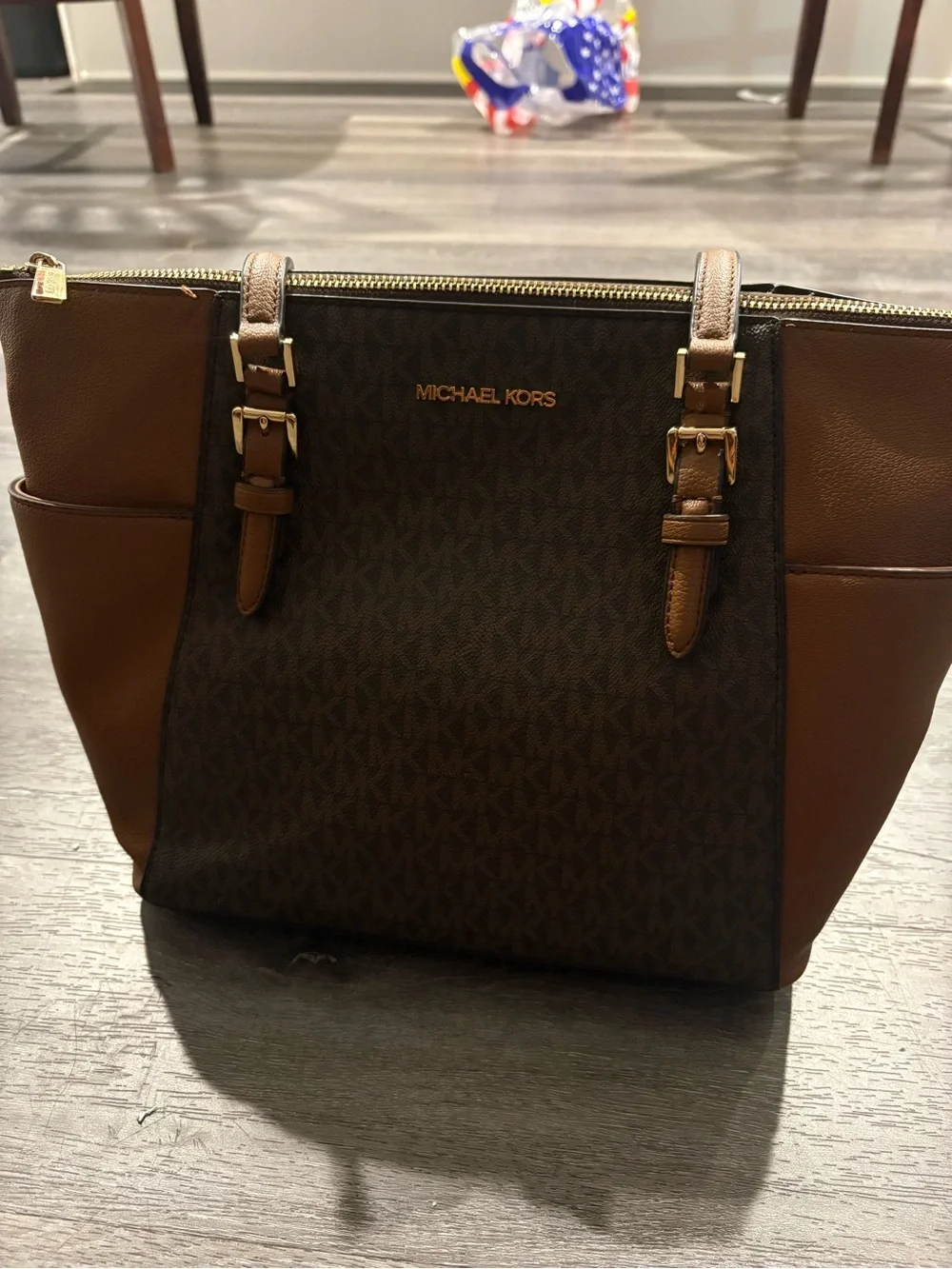 Michael Kors Brown and Tan Logo-Print Tote with Gold MK Charm